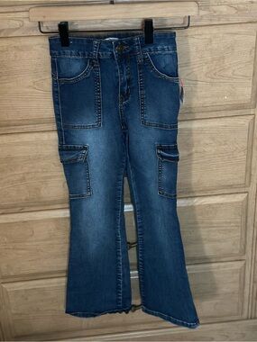 Lilac Sunset | Dark Blue Girls Cargo Flare Jeans | Size 10